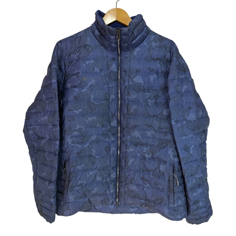 Obermeyer Womens XL Blue Camo Down Puffer Jacket Full Zip Quilted Winter Coat